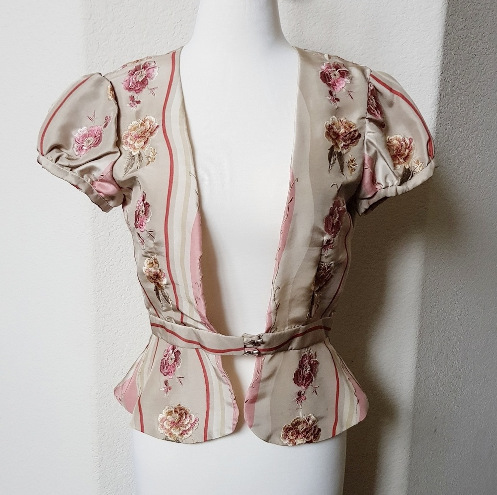 Embroidered Silk Puff Sleeve Peplum Jacket